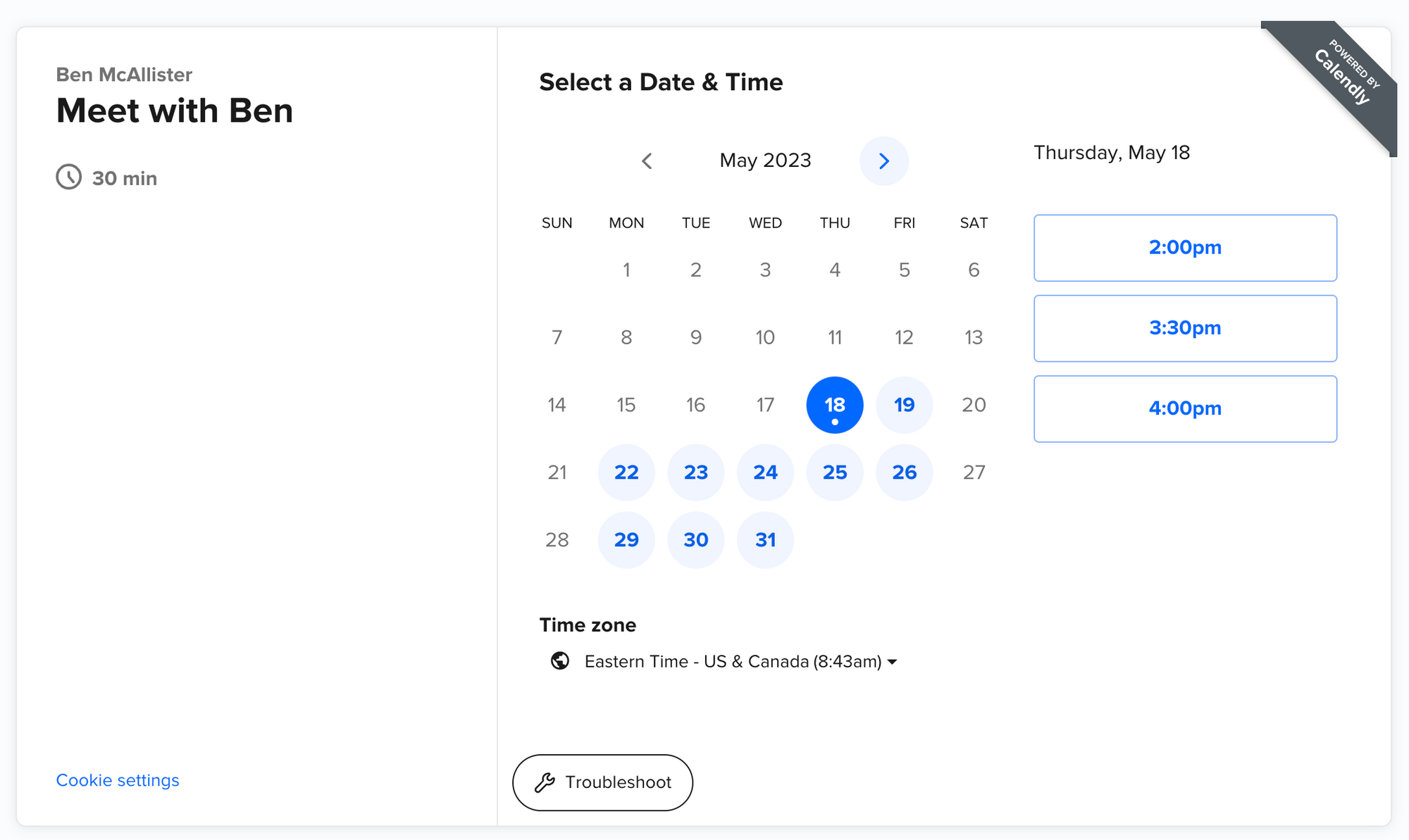 Screenshot of a Calendly booking page