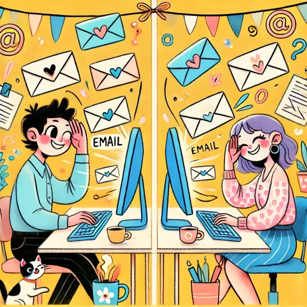 Cartoon image of two people emailing back and forth.